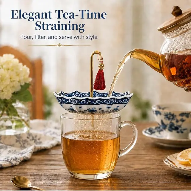 RICHINNA blue and white porcelain umbrella tea strainer with copper handle and tassel